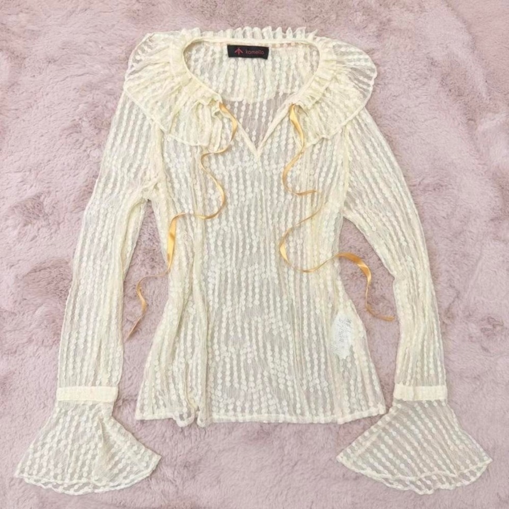 Sheer Lace Coquette Blouse Ivory Mesh Balletcore Ribbon Top‎ Womens S - Picture 4 of 8